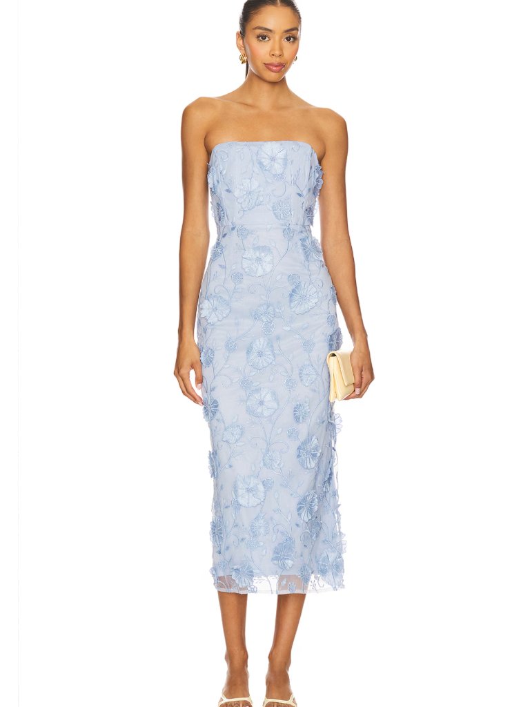 New Lovers And Friends Blume Midi Dress Light Blue Floral Strapless Formal Gown